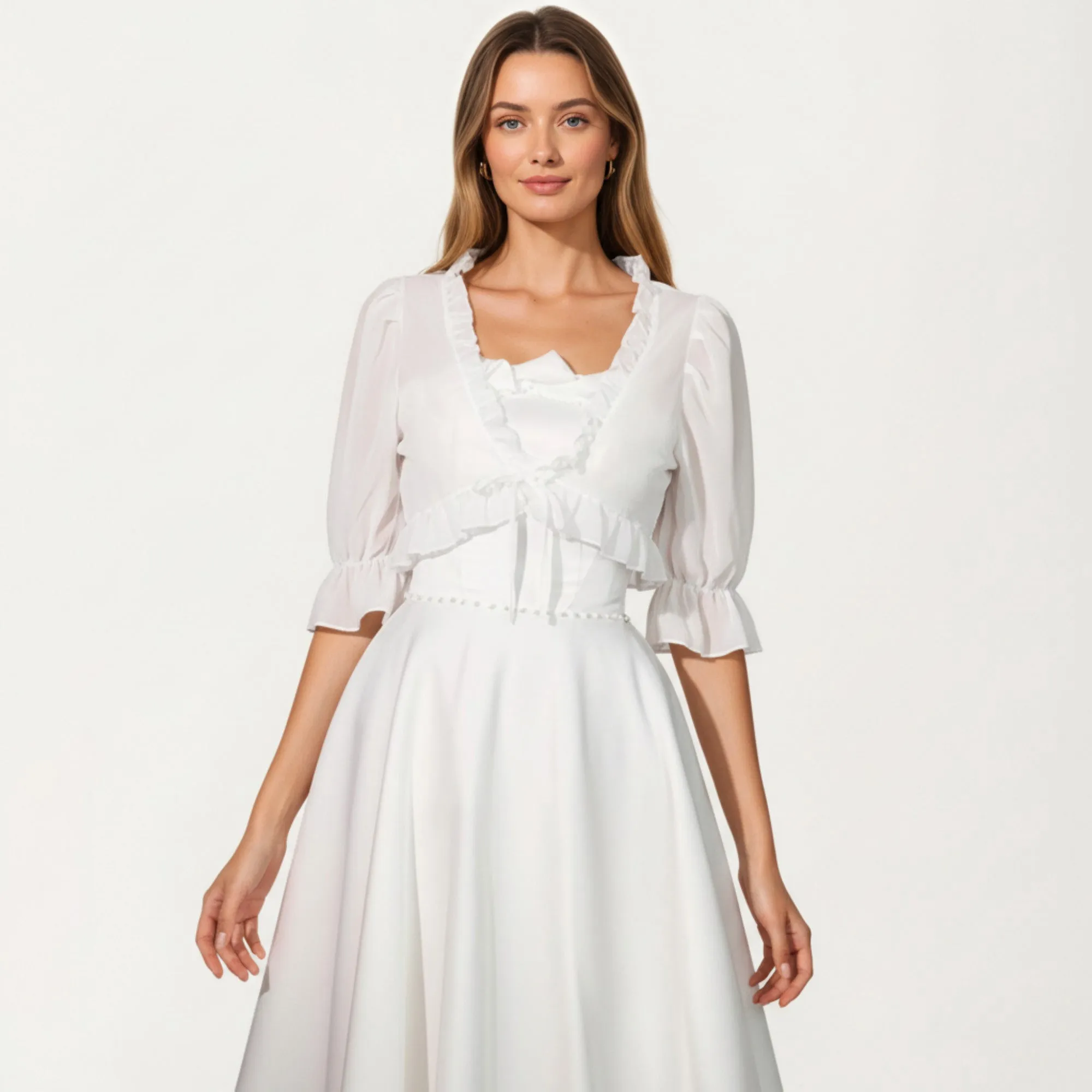 Anna-Kaci Women's Sheer Ruffle Trim Bolero Top with Puff Sleeves Soft Layered Front Tie Detail and Elegant Overlay 8.5x13in sold by Anna-Kaci product image thumbnail 2