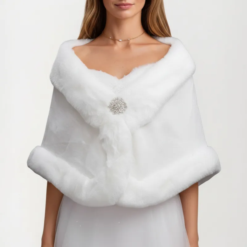 Anna-Kaci Women's Faux Fur Trim Wrap Shawl with Plush Textured Finish Sparkling Brooch Closure and Draped Silhouette 19in made by Anna-Kaci