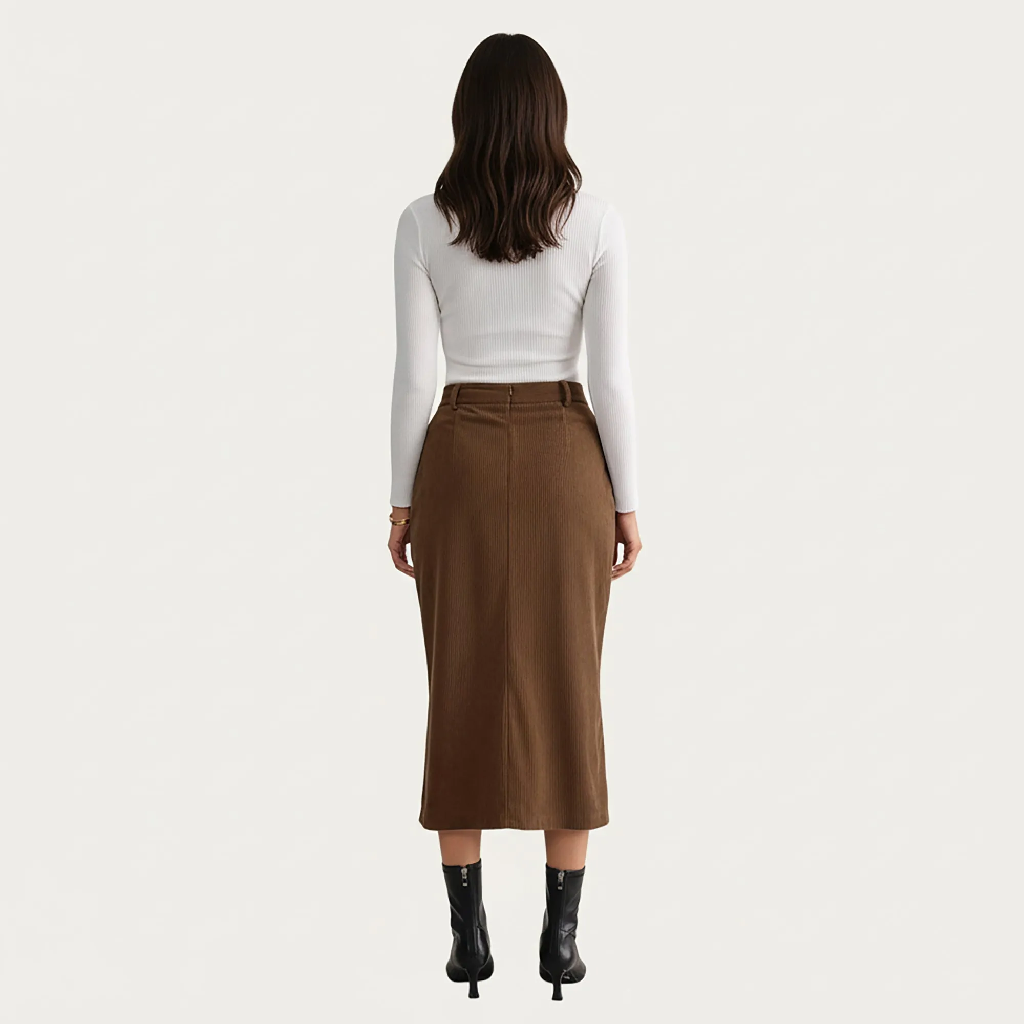 Anna-Kaci Women's High Waist Corduroy Midi Skirt with Front Center Slit and Soft Textured Paneling for a Tailored Silhouette sold by Anna-Kaci product image thumbnail 3