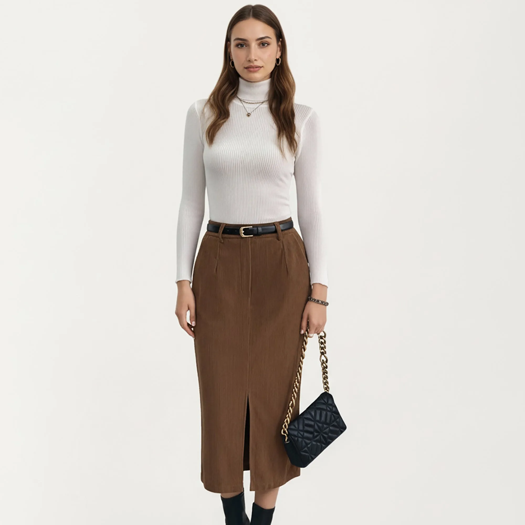 Anna-Kaci Women's High Waist Corduroy Midi Skirt with Front Center Slit and Soft Textured Paneling for a Tailored Silhouette sold by Anna-Kaci product image thumbnail 4