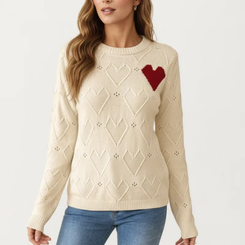 Anna-Kaci Women's Knit Top with Textured Heart Pattern and Contrast Heart Accent Detail in a Soft Cozy Pullover Design made by Anna-Kaci