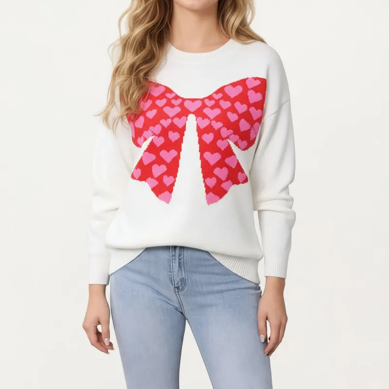 Anna-Kaci Women's Heart Bow Knit Sweater with Playful Graphic Design, Soft Crew Neck Fit and Cozy Long Sleeve Detailing sold by Anna-Kaci