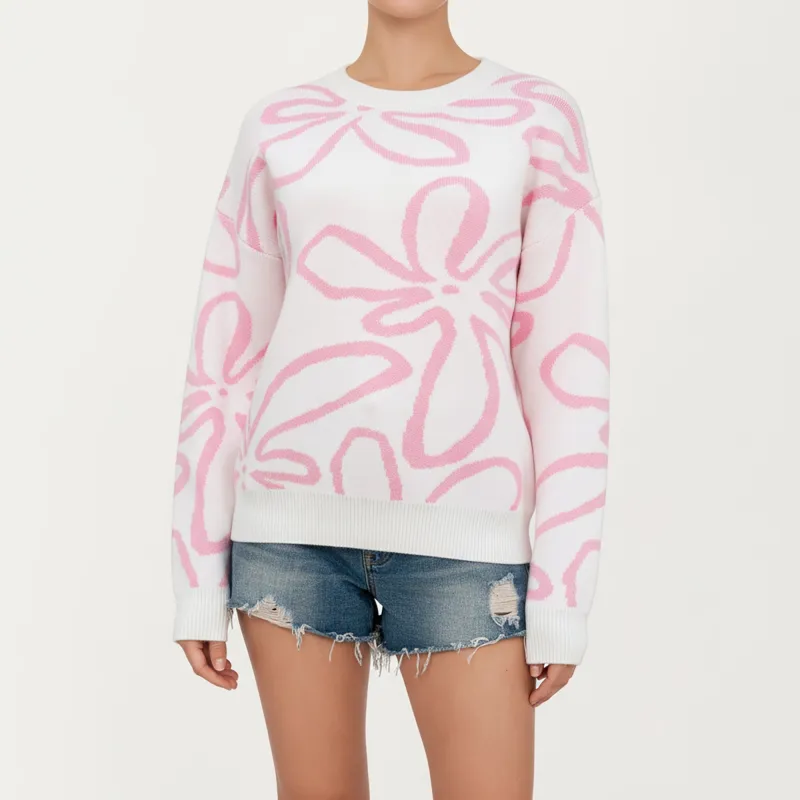 Anna-Kaci Women's Abstract Floral Pattern Knit Sweater with Soft Crew Neckline and Relaxed Long Sleeve Pullover Design sold by Anna-Kaci