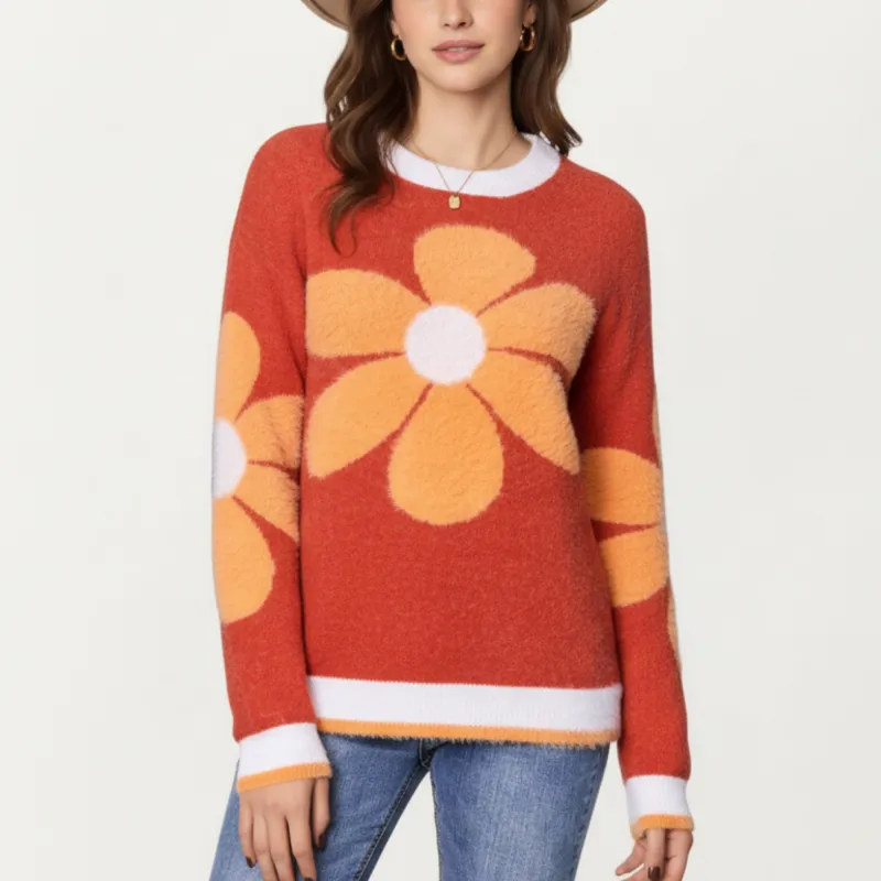 Anna-Kaci Women's Large Floral Graphic Pattern Fuzzy Knit Sweater with Soft Textured Feel Ribbed Crew Neckline and Relaxed Fit sold by Anna-Kaci