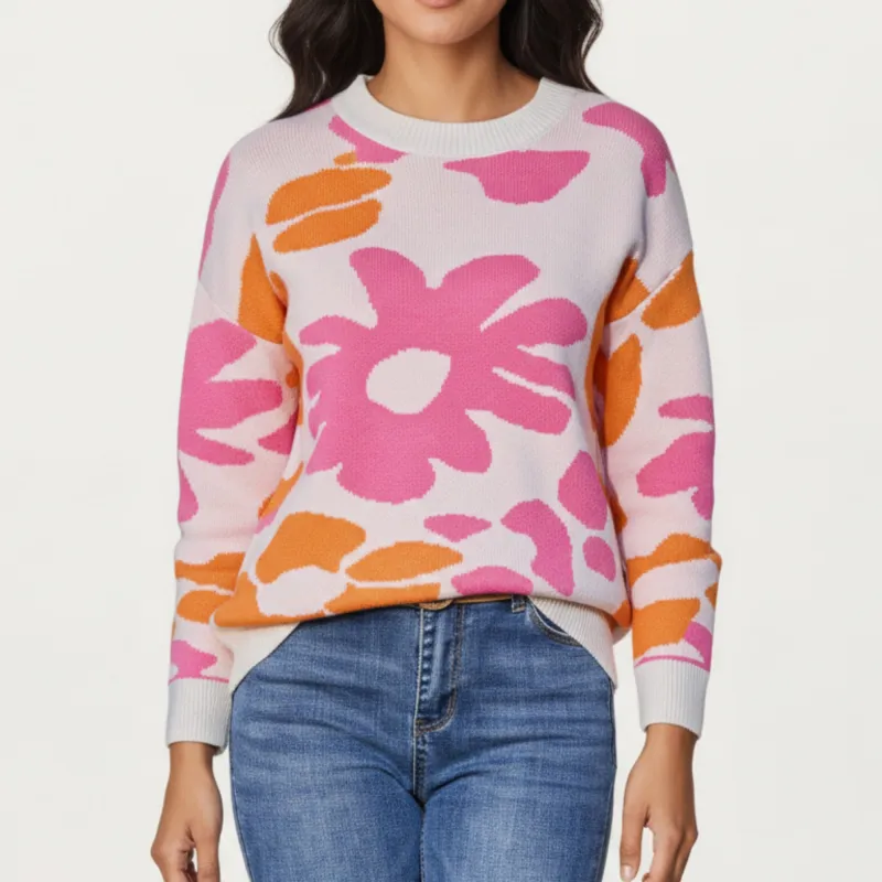 Anna-Kaci Women's Bold Floral Pattern Knit Sweater with Soft Textured Feel, Long Sleeves and Comfortable Relaxed Fit sold by Anna-Kaci