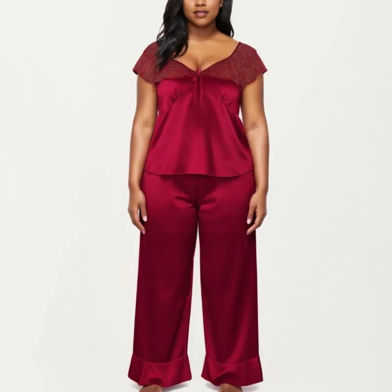 Anna-Kaci Lounge Women's PLus Size 2-Piece Set Satin Lace Trim Sleep Top and Wide Leg Pants with Soft Draping Silhouette sold by Anna-Kaci