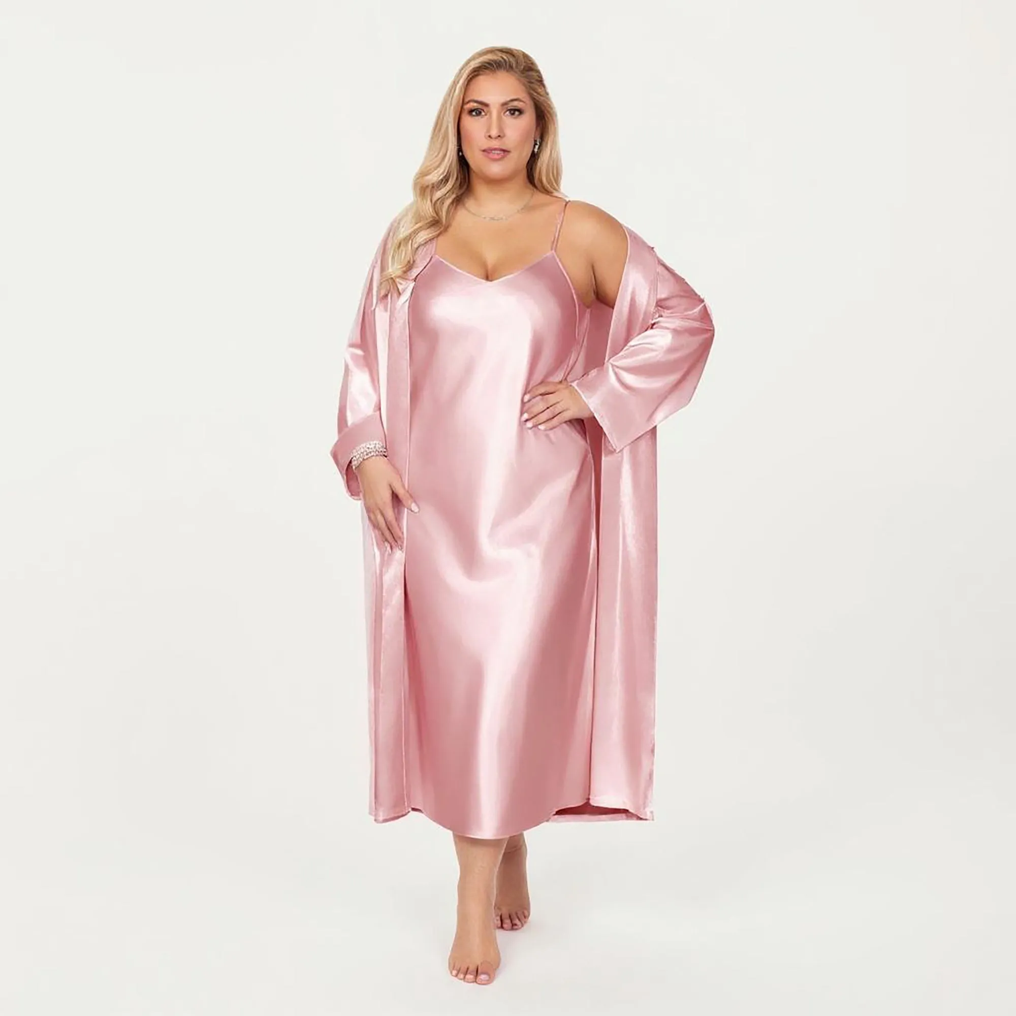 Anna-Kaci Lounge Women's PLus Size Satin 2-Piece Robe and Slip Dress Set with Adjustable Spaghetti Straps and Soft Flowing Drape sold by Anna-Kaci product image thumbnail 2