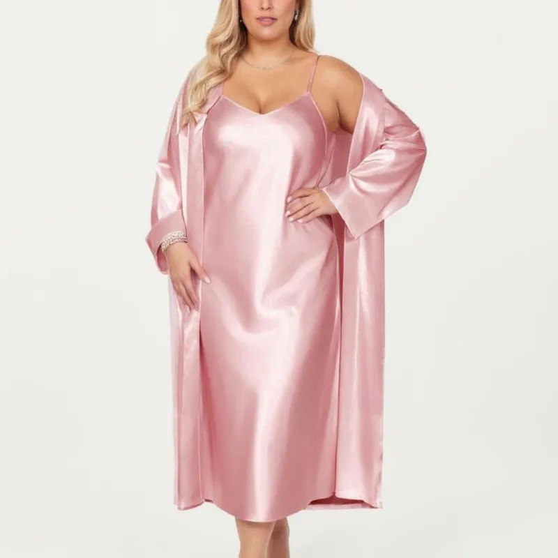 Anna-Kaci Lounge Women's PLus Size Satin 2-Piece Robe and Slip Dress Set with Adjustable Spaghetti Straps and Soft Flowing Drape made by Anna-Kaci