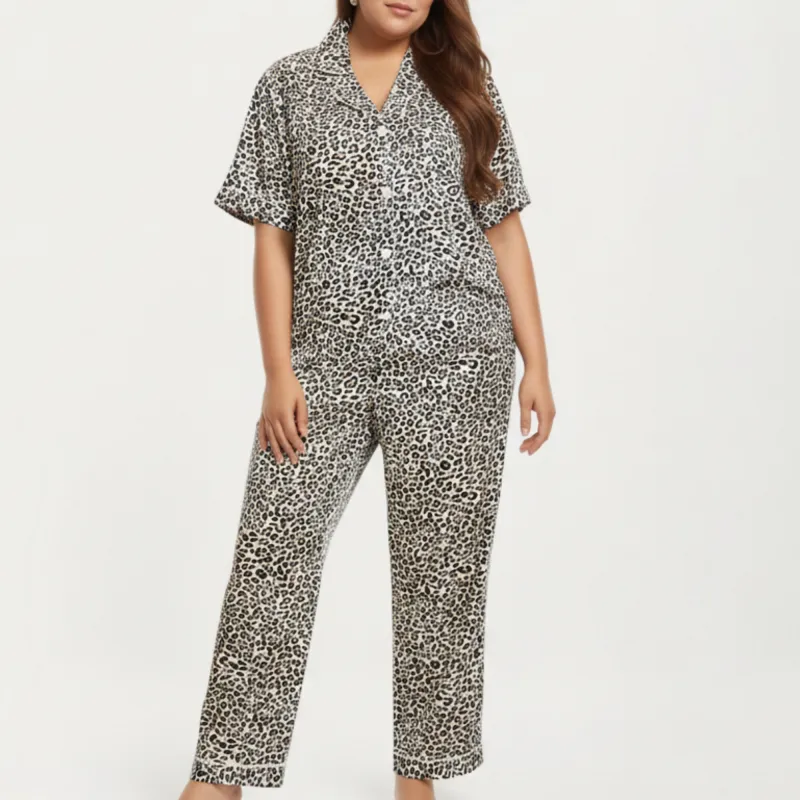Anna-Kaci Lounge Women's PLus Size Leopard Print Pajama Set with Soft Satin Finish Relaxed Button Front Top and Straight Leg Pants made by Anna-Kaci