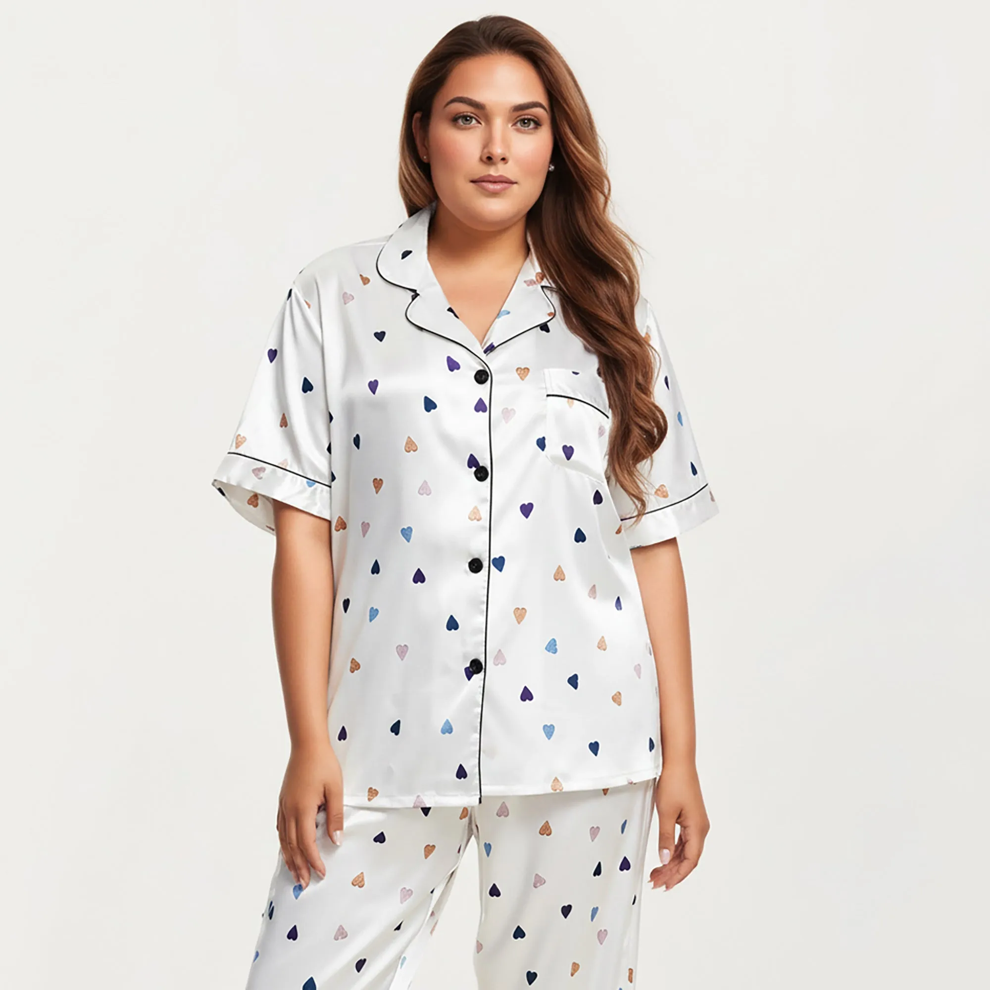 Anna-Kaci Lounge Women's PLus Size Heart Print Satin Pajama Set with Short Sleeve Button Front Top and Relaxed Straight Leg Pants sold by Anna-Kaci product image thumbnail 2