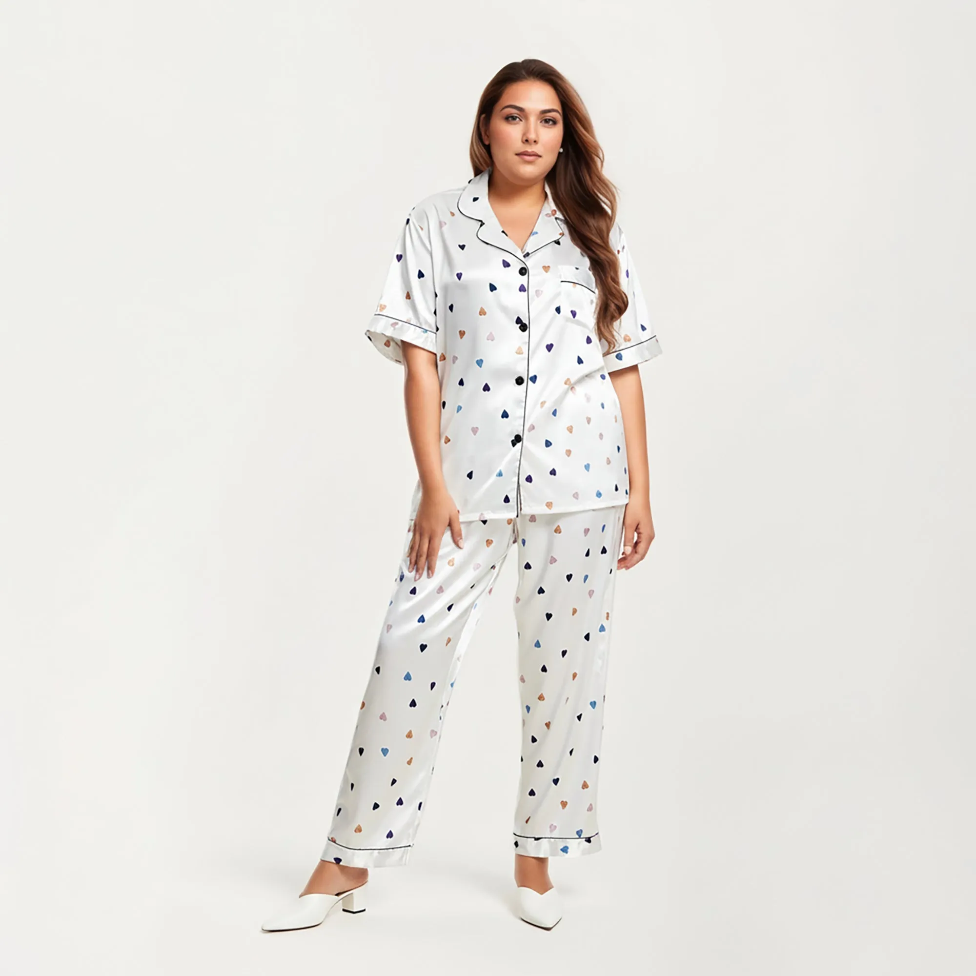 Anna-Kaci Lounge Women's PLus Size Heart Print Satin Pajama Set with Short Sleeve Button Front Top and Relaxed Straight Leg Pants sold by Anna-Kaci product image thumbnail 3