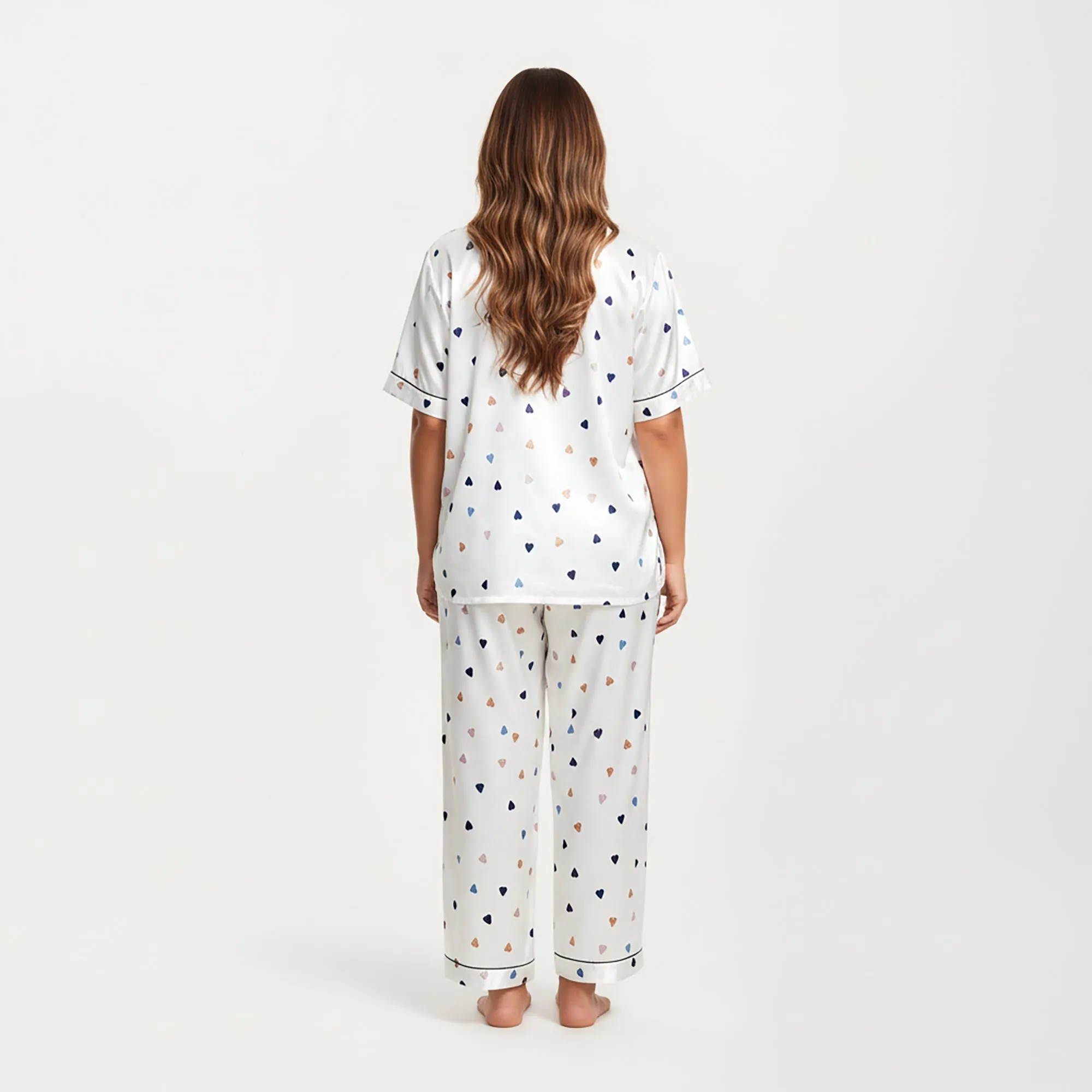 Anna-Kaci Lounge Women's PLus Size Heart Print Satin Pajama Set with Short Sleeve Button Front Top and Relaxed Straight Leg Pants sold by Anna-Kaci product image thumbnail 4