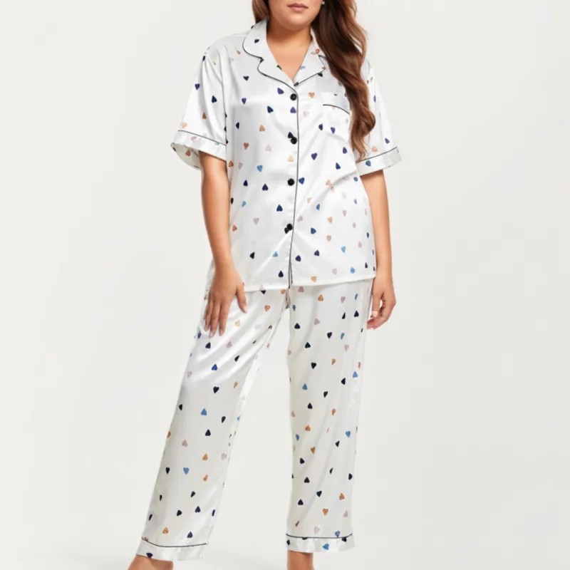 Anna-Kaci Lounge Women's PLus Size Heart Print Satin Pajama Set with Short Sleeve Button Front Top and Relaxed Straight Leg Pants made by Anna-Kaci