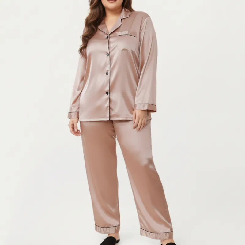 Anna-Kaci Lounge Women's PLus Size Satin Pajama Set with Long Sleeve Button Front Top and Relaxed Straight Leg Pants sold by Anna-Kaci