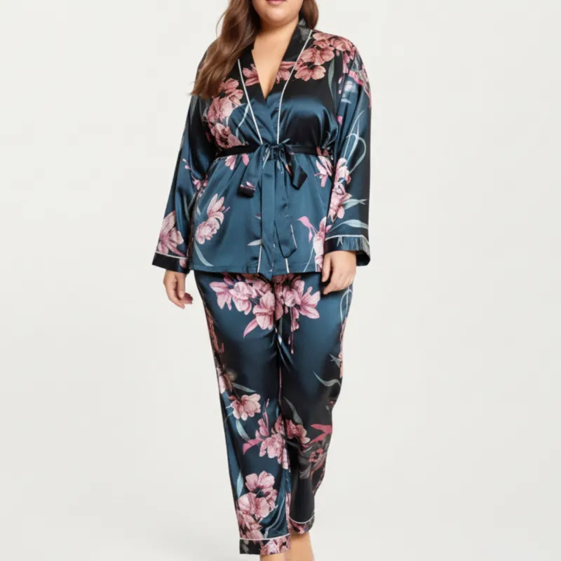 Anna-Kaci Lounge Women's PLus Size Satin Pajama Set with Wrap Front Tie Waist Top and Straight Leg Pants sold by Anna-Kaci