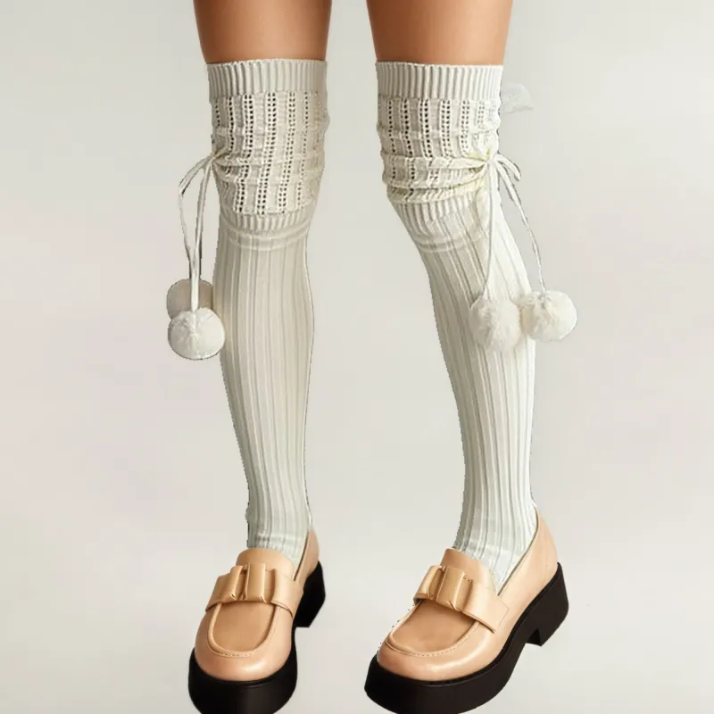 Anna-Kaci Women's Over-the-Knee Knit Socks with Pom Pom Tie and Ribbed Pattern made by Anna-Kaci