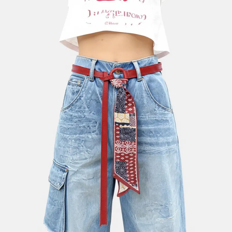 Anna-Kaci Women's Faux Leather Belt with Patterned Scarf Tie and Metal Loop Detail 53x0.8in made by Anna-Kaci