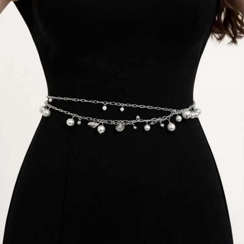 Anna-Kaci Women's Layered Chain Belt with Pearl Charms and Metal Leaf Details made by Anna-Kaci