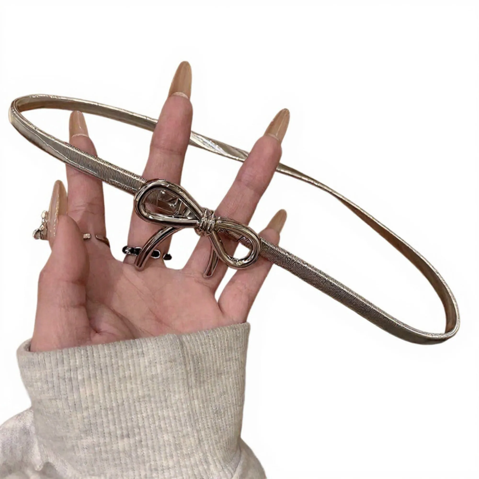 Anna-Kaci Women's Thin Metallic Belt with Polished Bow Accent and Adjustable Fit 27.5x0.4in sold by Anna-Kaci product image thumbnail 3