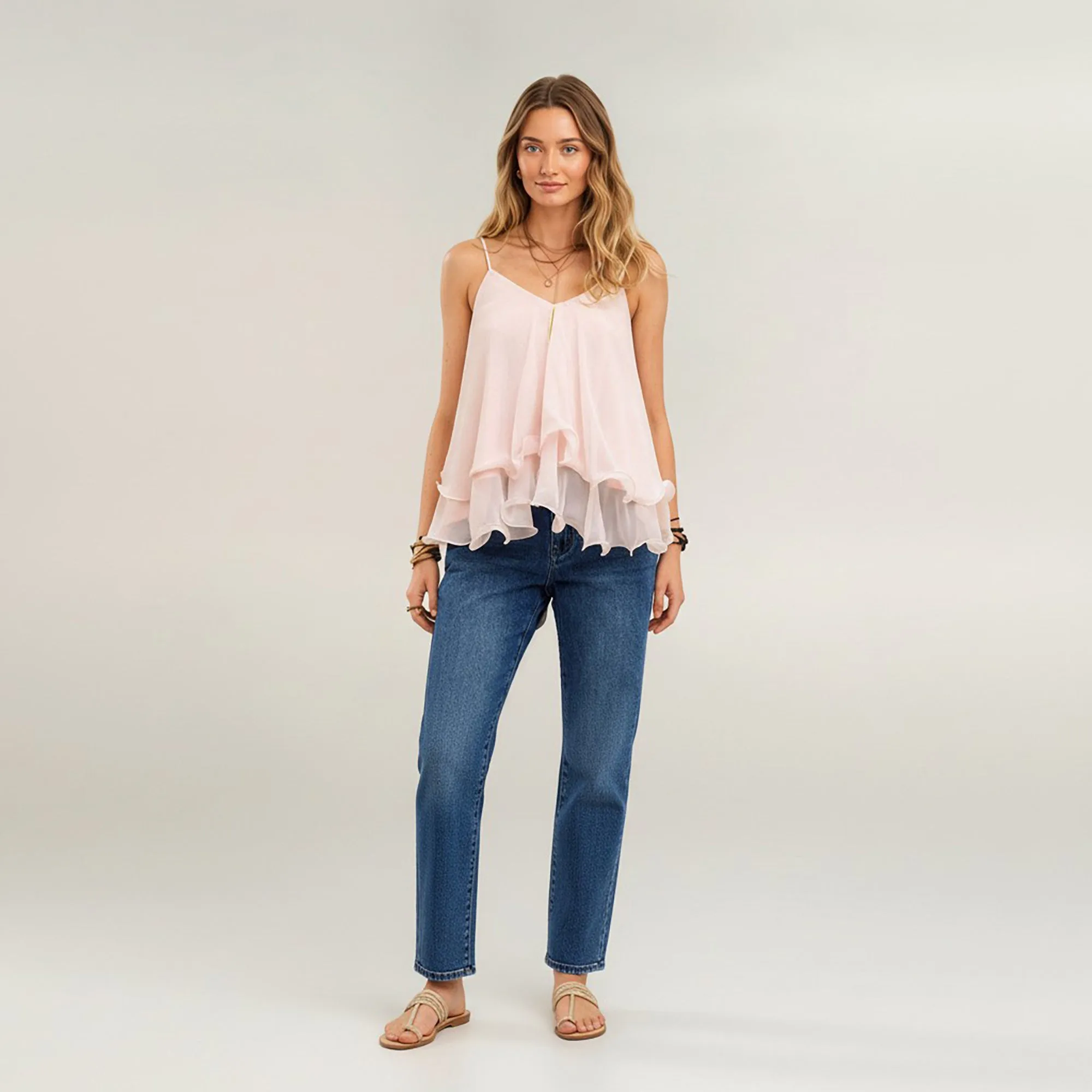 Anna-Kaci Women's V Neck Chiffon Cami Top with Adjustable Straps and Layered Ruffle Hem sold by Anna-Kaci product image thumbnail 2