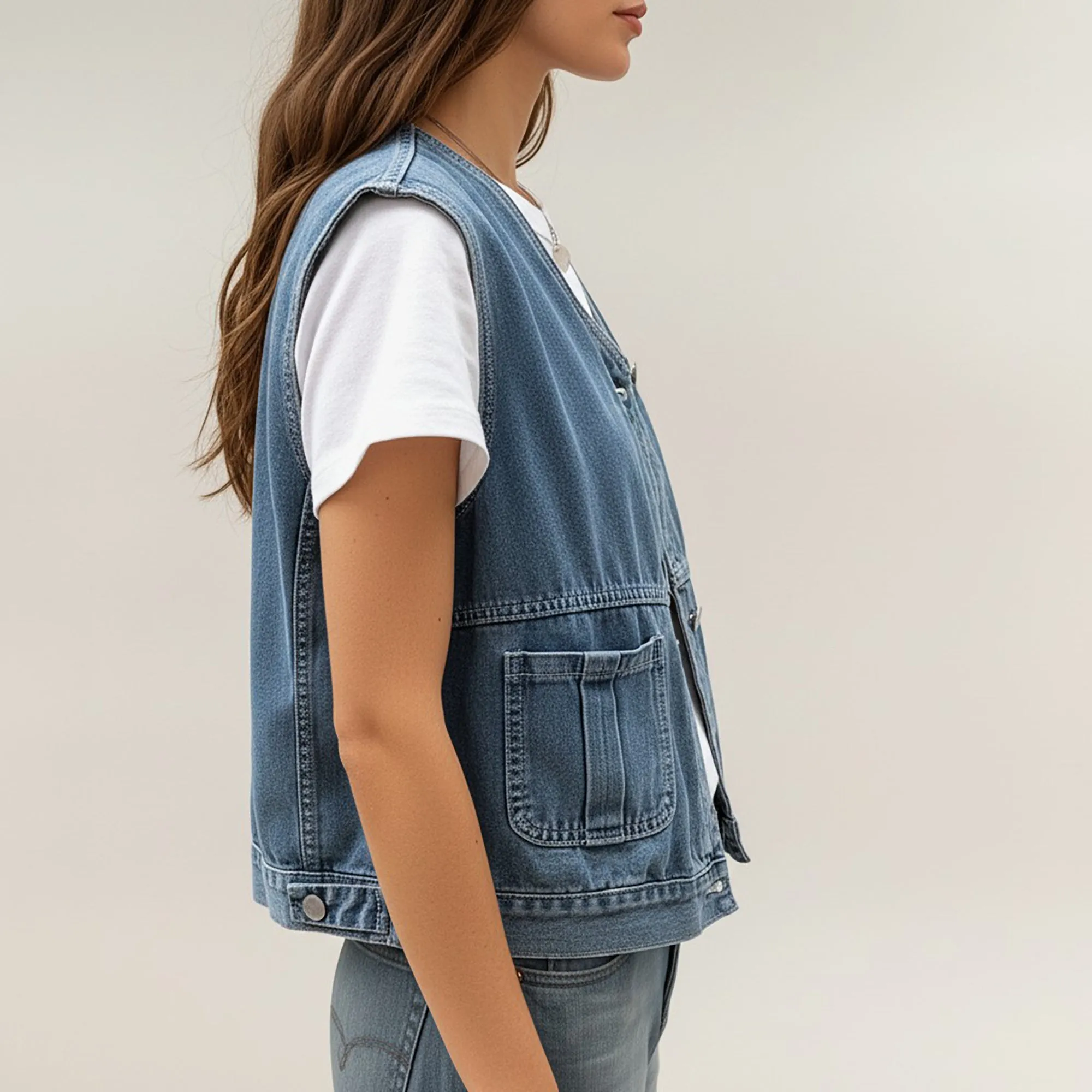 Anna-Kaci Women's Sleeveless Denim Vest with Button Front Closure Patch Pockets and Structured Fit sold by Anna-Kaci product image thumbnail 3