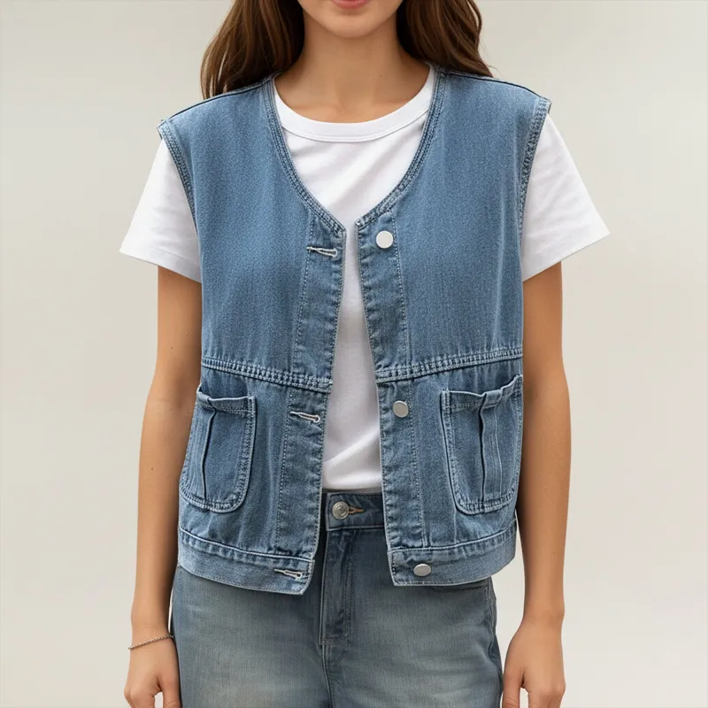 Anna-Kaci Women's Sleeveless Denim Vest with Button Front Closure Patch Pockets and Structured Fit sold by Anna-Kaci