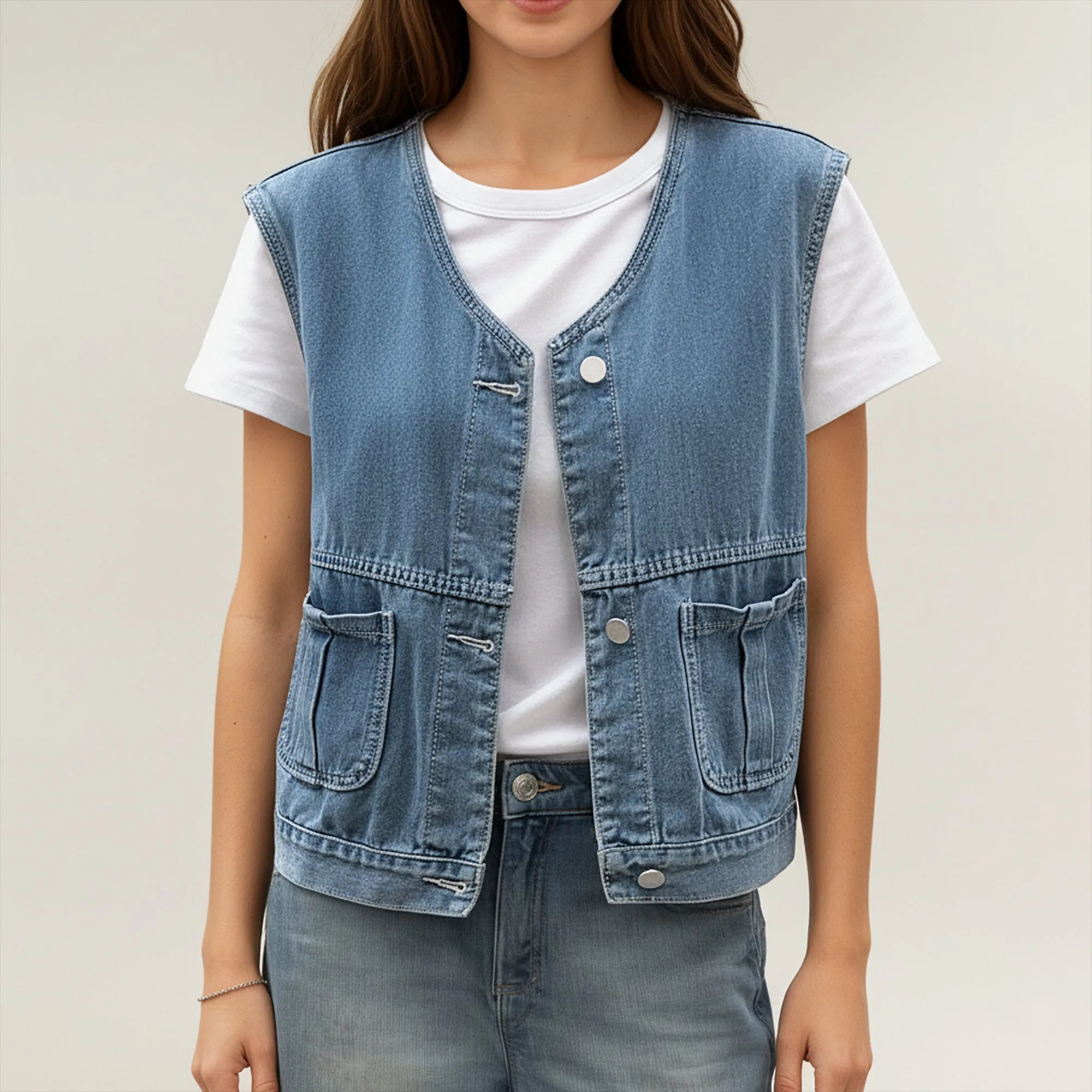 Anna-Kaci Women's Sleeveless Denim Vest with Button Front Closure Patch Pockets and Structured Fit sold by Anna-Kaci