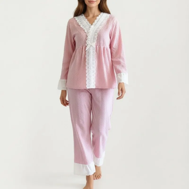 Anna-Kaci Women's 2-Piece Set Long Sleeve Pajama Top with Lace Trim and Matching Relaxed Fit Pants sold by Anna-Kaci