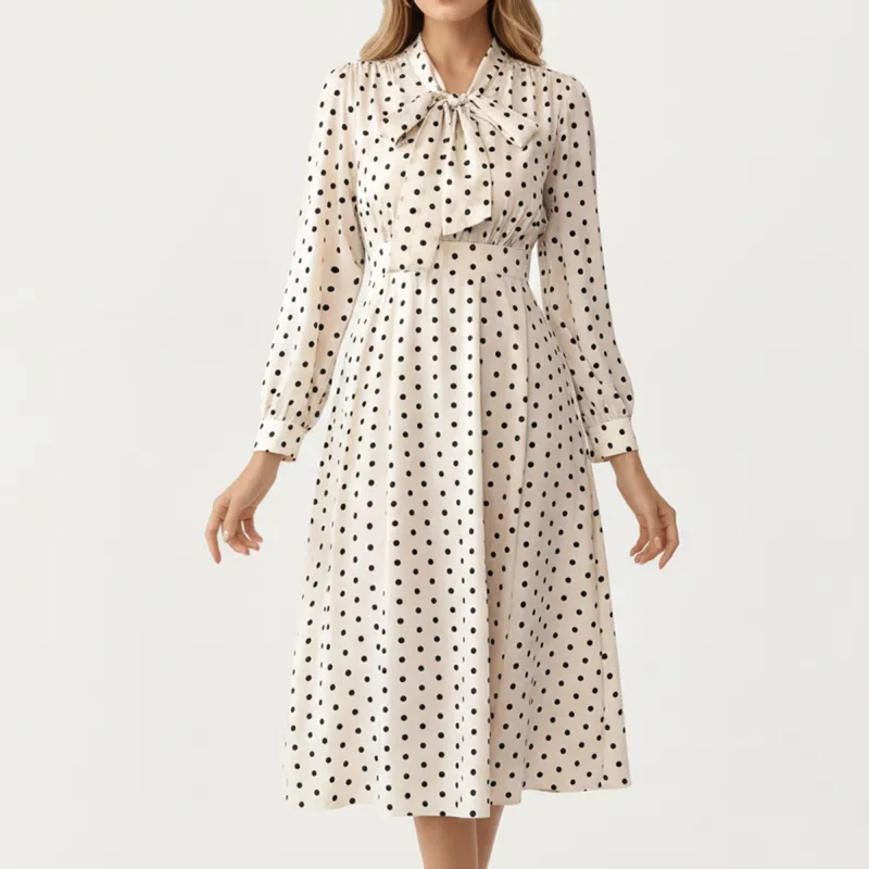 Anna-Kaci Women¡¯s Polka Dot Long Sleeve Dress with Bow Tie Neckline made by Anna-Kaci