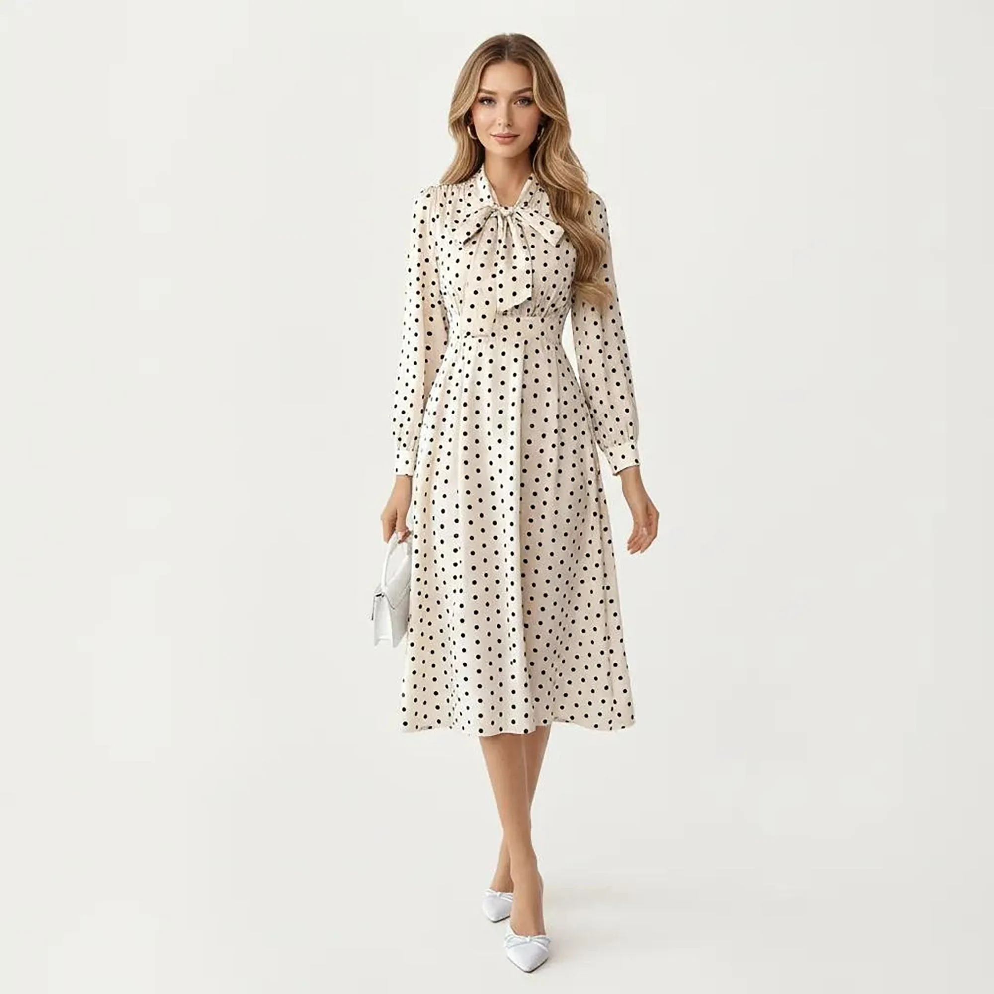 Women's Polka Dot Long Sleeve Dress with Bow Tie Neckline sold by Anna-Kaci product image thumbnail 2