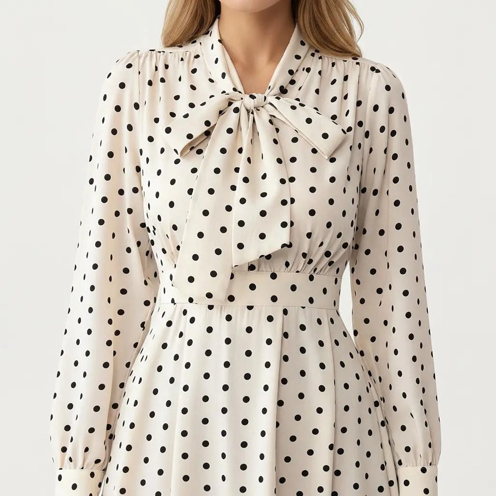 Women's Polka Dot Long Sleeve Dress with Bow Tie Neckline sold by Anna-Kaci product image thumbnail 4