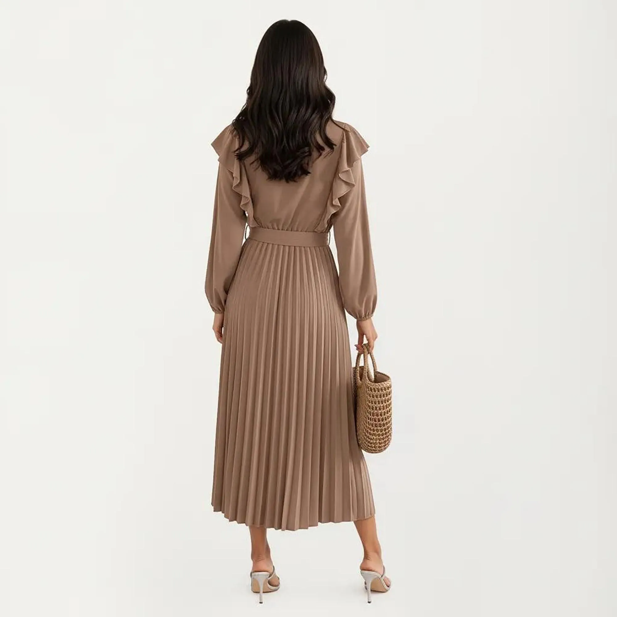 Women's Pleated Dress with Ruffled Shoulders, Waist Tie, and Long Sleeves for a Flattering Feminine Fit sold by Anna-Kaci product image thumbnail 4