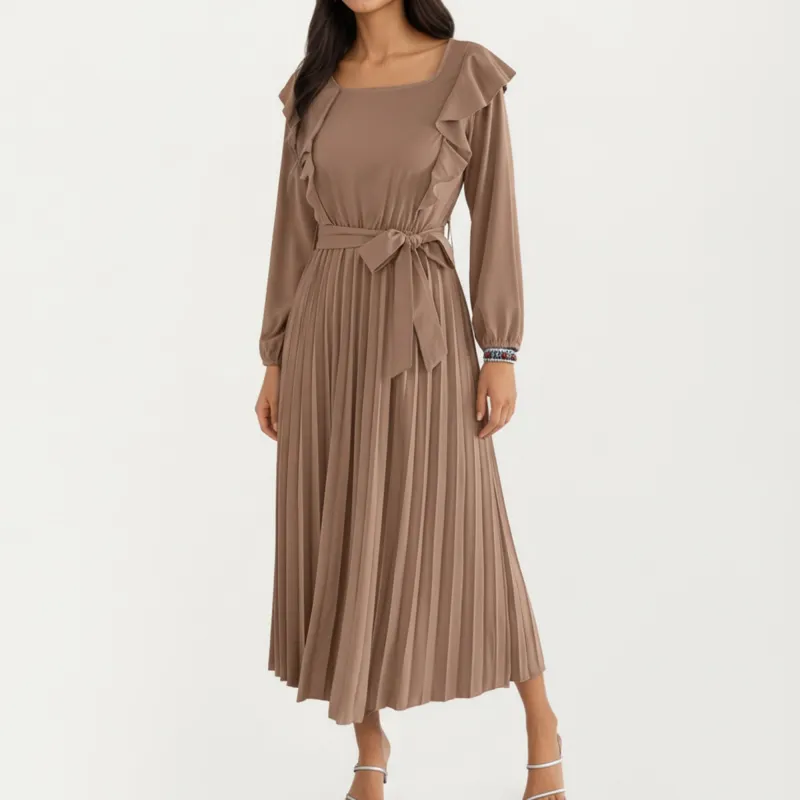 Women's Pleated Dress with Ruffled Shoulders, Waist Tie, and Long Sleeves for a Flattering Feminine Fit made by Anna-Kaci