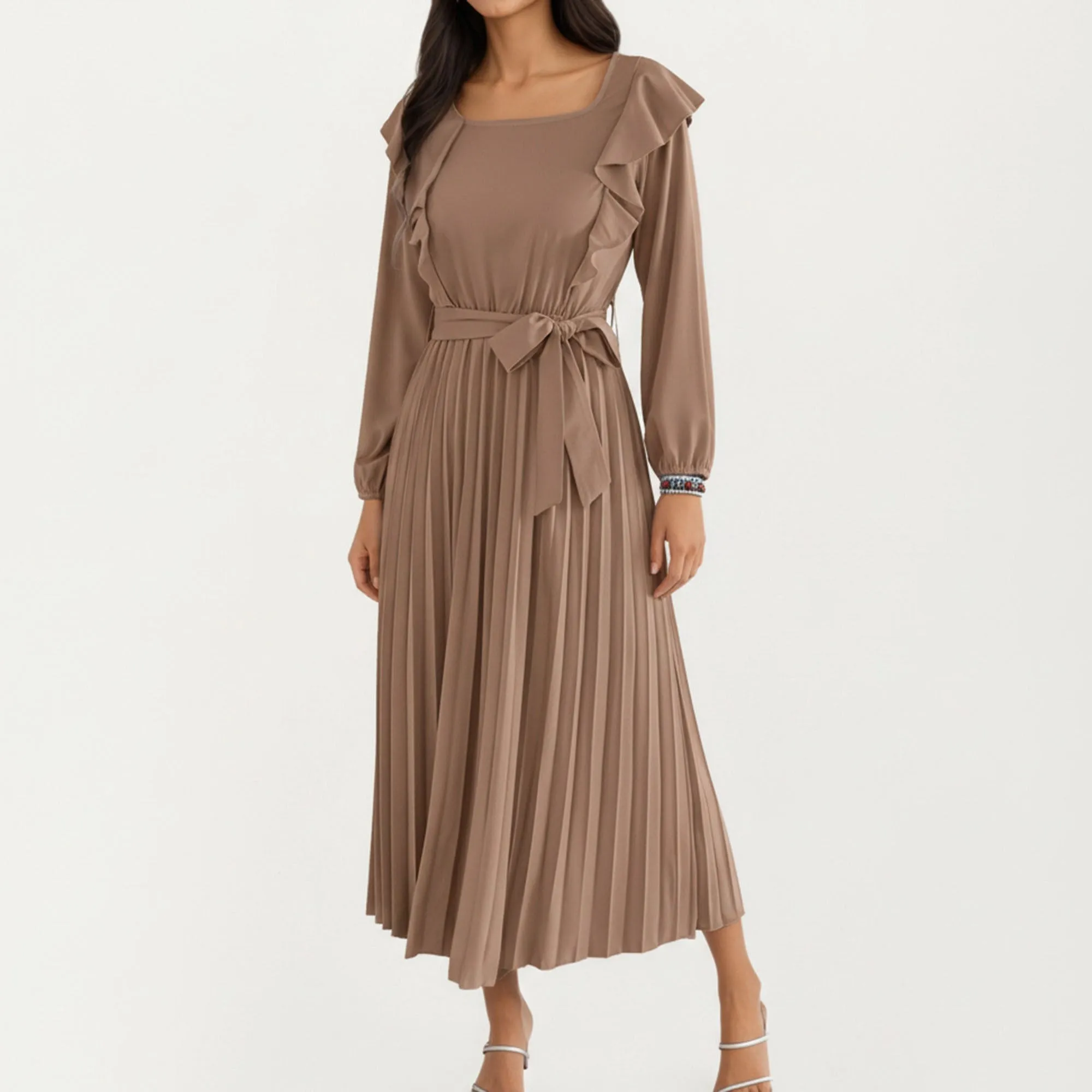 Women's Pleated Dress with Ruffled Shoulders, Waist Tie, and Long Sleeves for a Flattering Feminine Fit sold by Anna-Kaci
