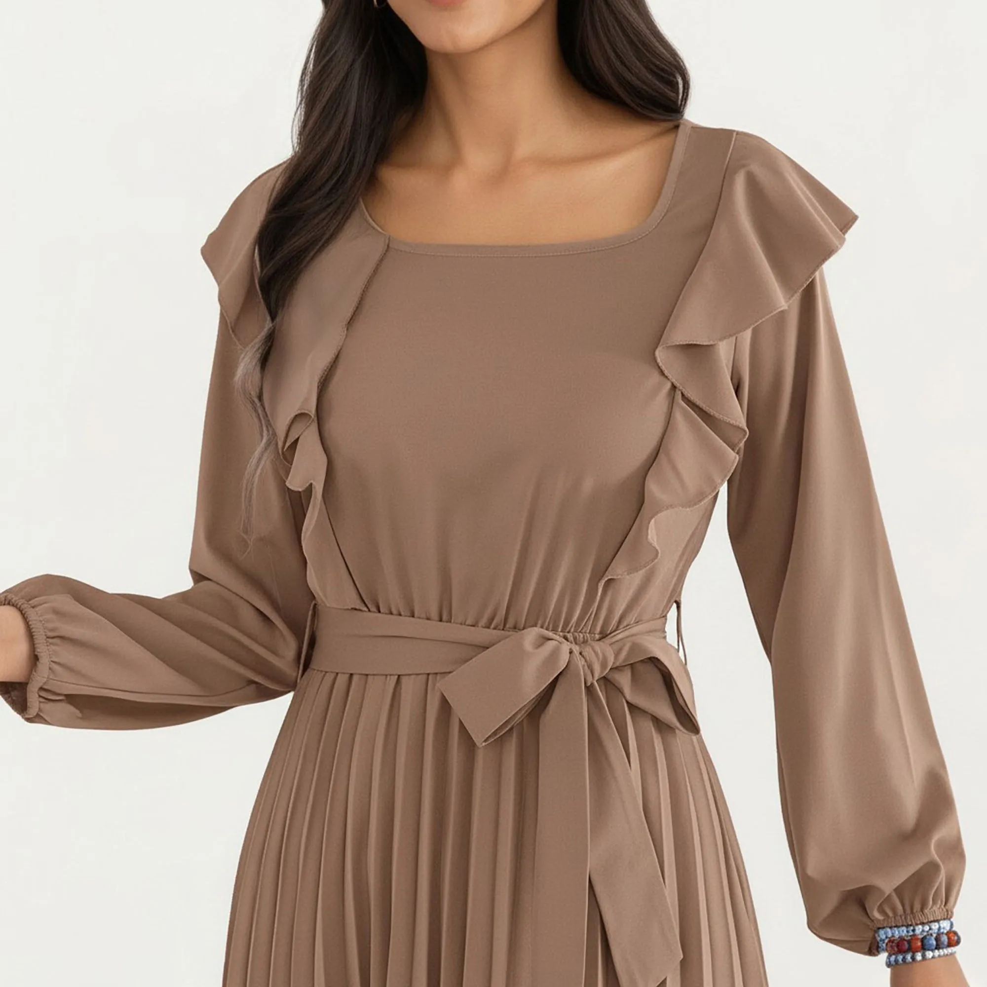 Women's Pleated Dress with Ruffled Shoulders, Waist Tie, and Long Sleeves for a Flattering Feminine Fit sold by Anna-Kaci product image thumbnail 5