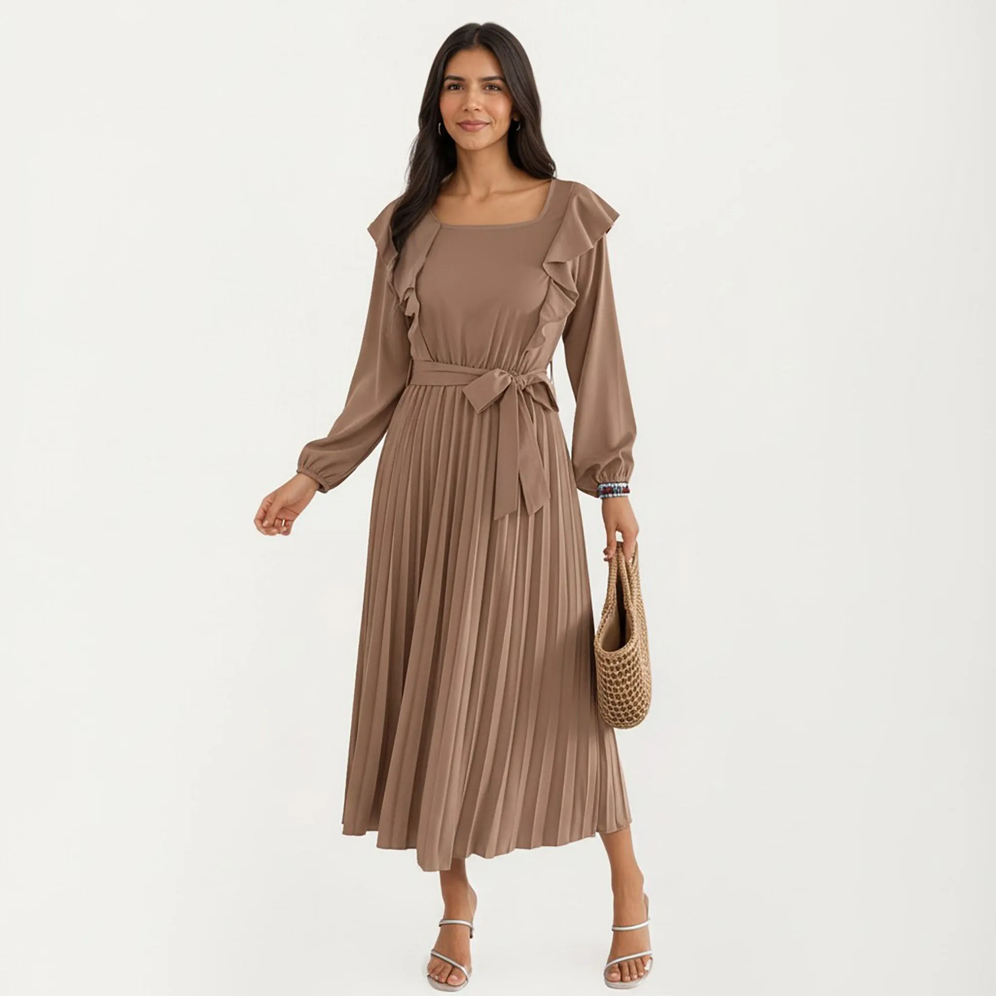 Women's Pleated Dress with Ruffled Shoulders, Waist Tie, and Long Sleeves for a Flattering Feminine Fit sold by Anna-Kaci product image thumbnail 2
