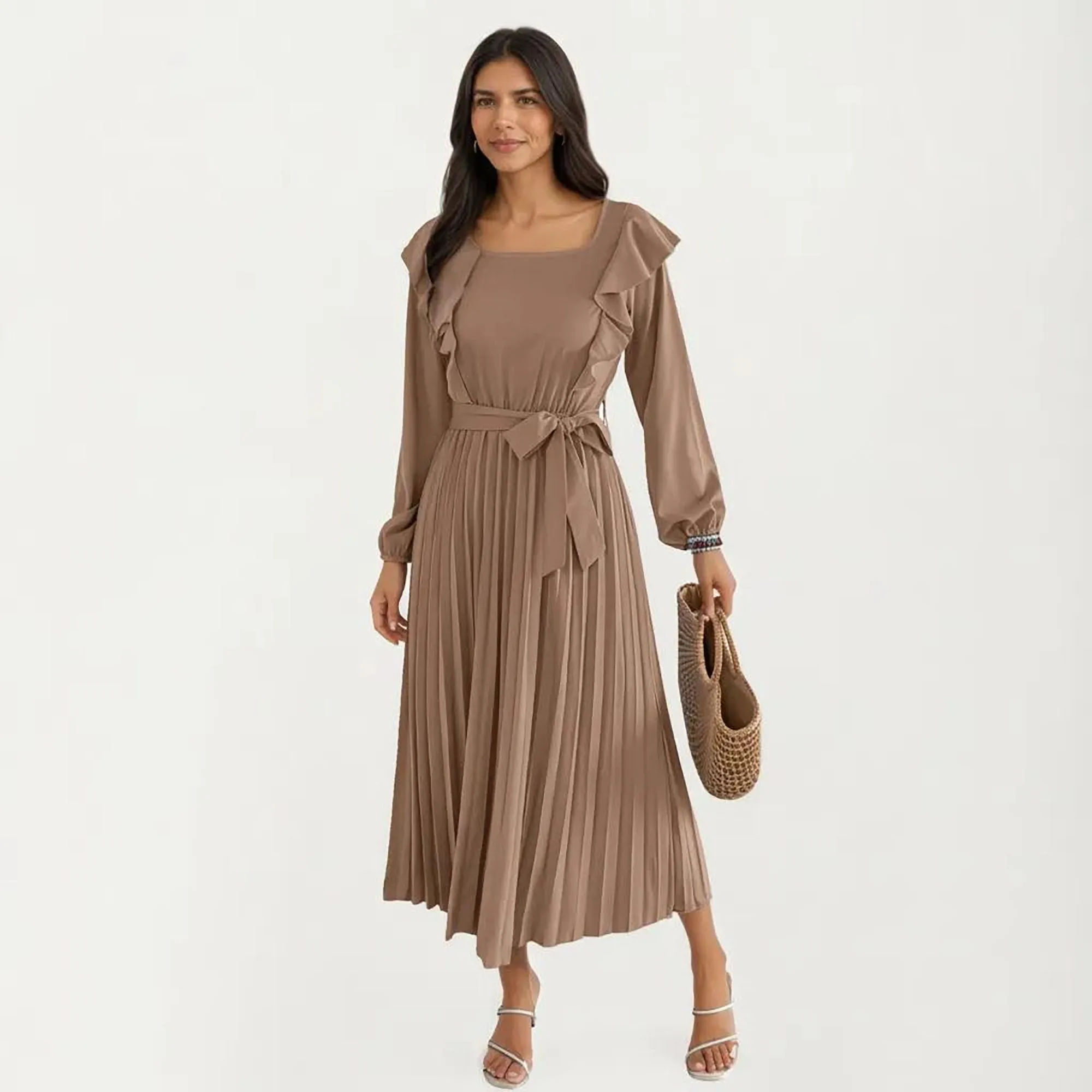 Women's Pleated Dress with Ruffled Shoulders, Waist Tie, and Long Sleeves for a Flattering Feminine Fit sold by Anna-Kaci product image thumbnail 3