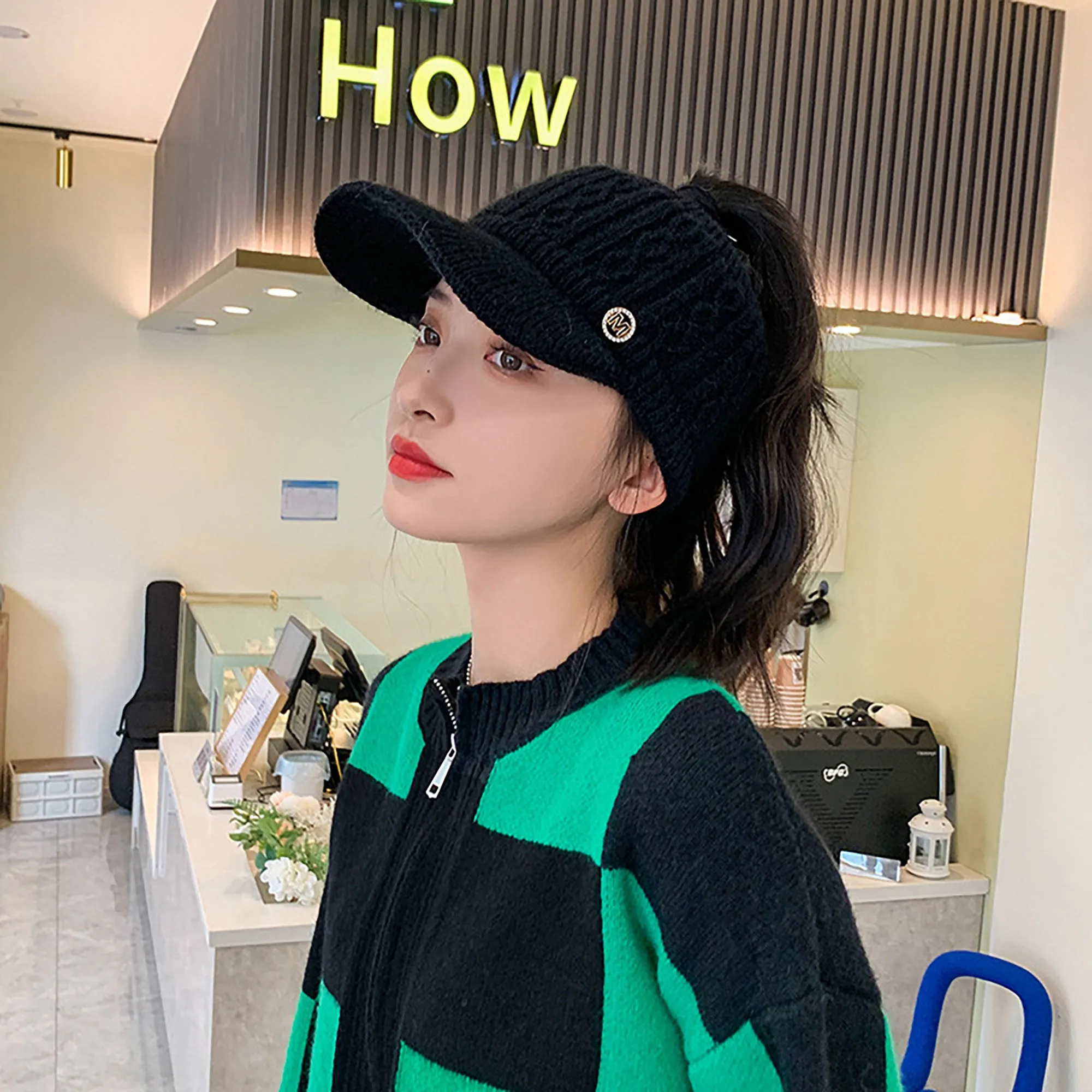 Anna-Kaci Plush Knit Ponytail Visor Hat with Soft Textured Cable Pattern and Curved Brim Design for Comfortable Everyday Cold-Weather Wear sold by Anna-Kaci product image thumbnail 5