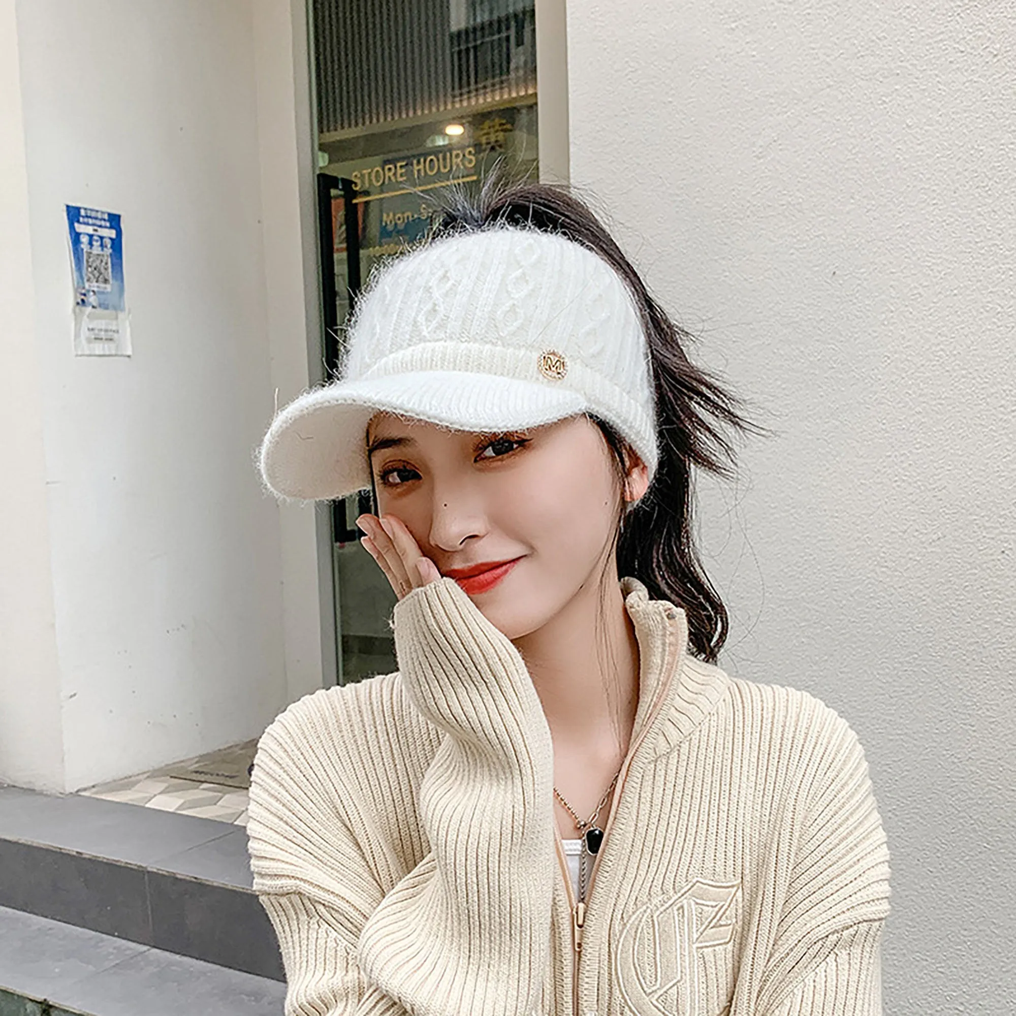 Anna-Kaci Plush Knit Ponytail Visor Hat with Soft Textured Cable Pattern and Curved Brim Design for Comfortable Everyday Cold-Weather Wear sold by Anna-Kaci product image thumbnail 2
