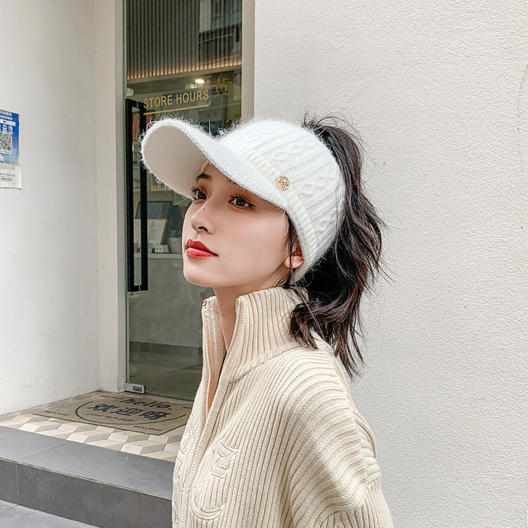 Anna-Kaci Plush Knit Ponytail Visor Hat with Soft Textured Cable Pattern and Curved Brim Design for Comfortable Everyday Cold-Weather Wear sold by Anna-Kaci product image thumbnail 3
