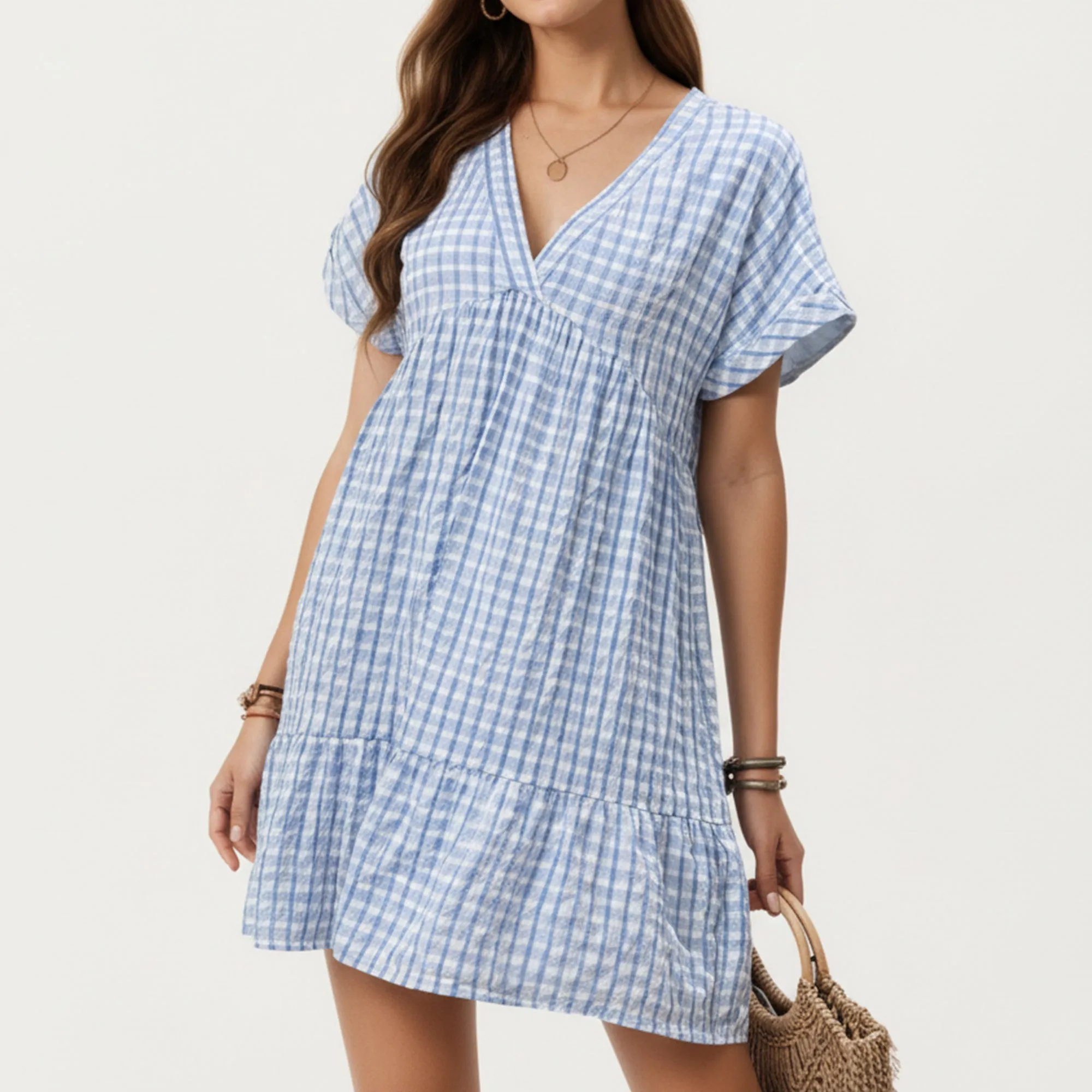 Anna-Kaci Short Sleeve V Neck Tiered Mini Dress with Gingham Pattern sold by Anna-Kaci