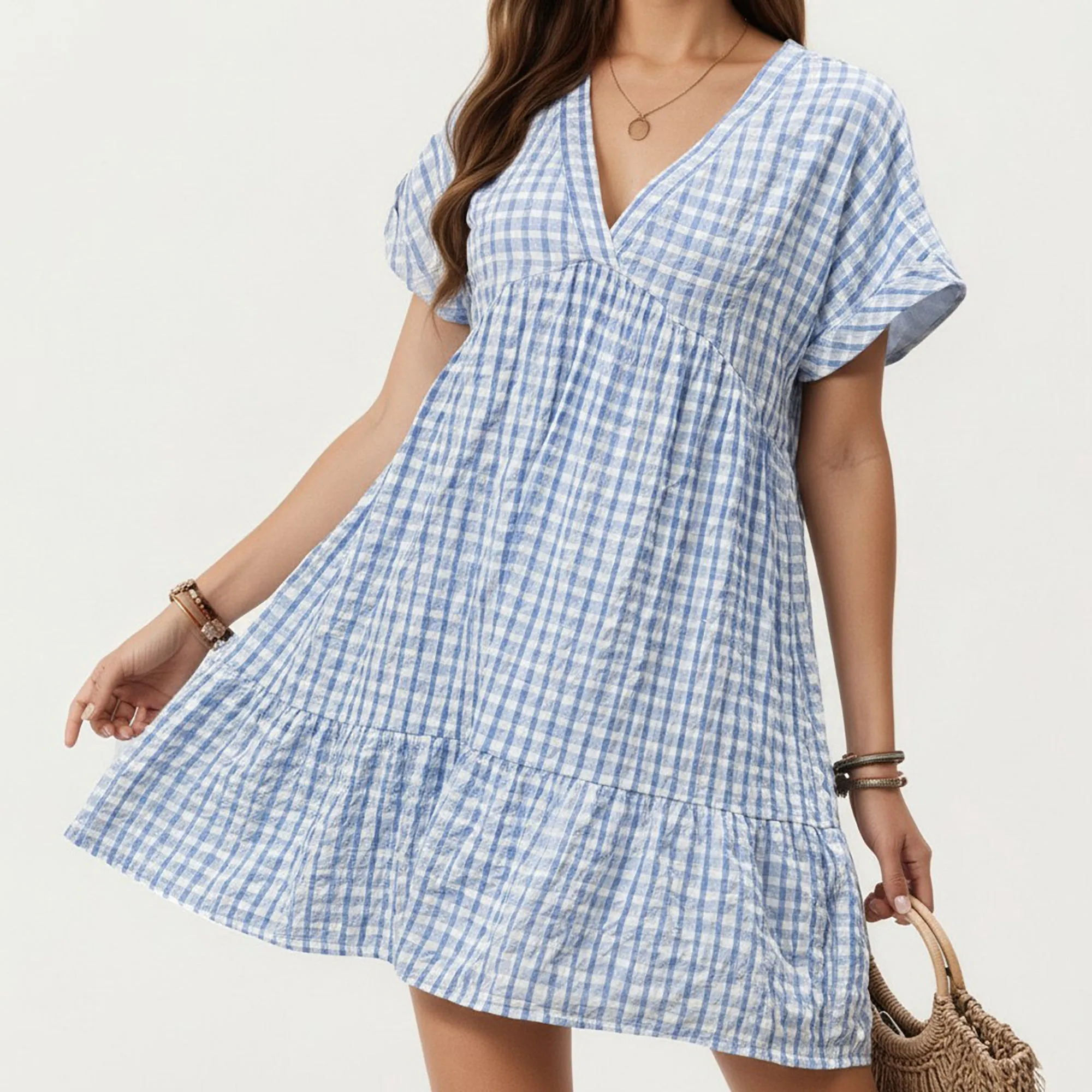 Anna-Kaci Short Sleeve V Neck Tiered Mini Dress with Gingham Pattern sold by Anna-Kaci product image thumbnail 5