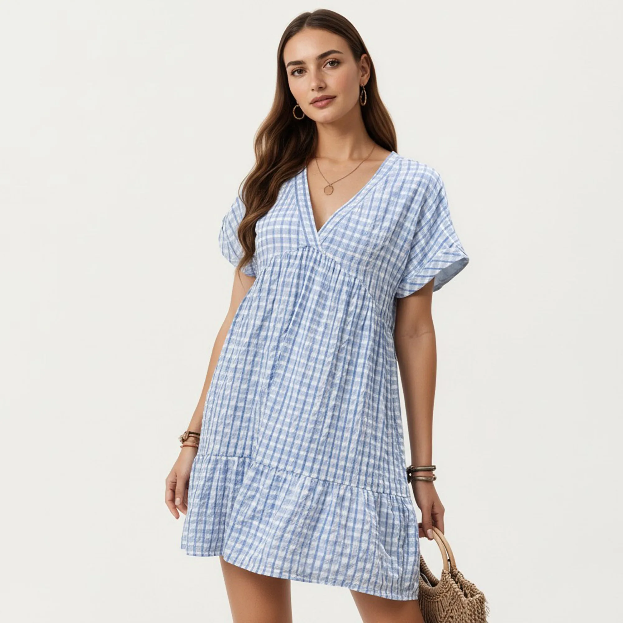 Anna-Kaci Short Sleeve V Neck Tiered Mini Dress with Gingham Pattern sold by Anna-Kaci product image thumbnail 2