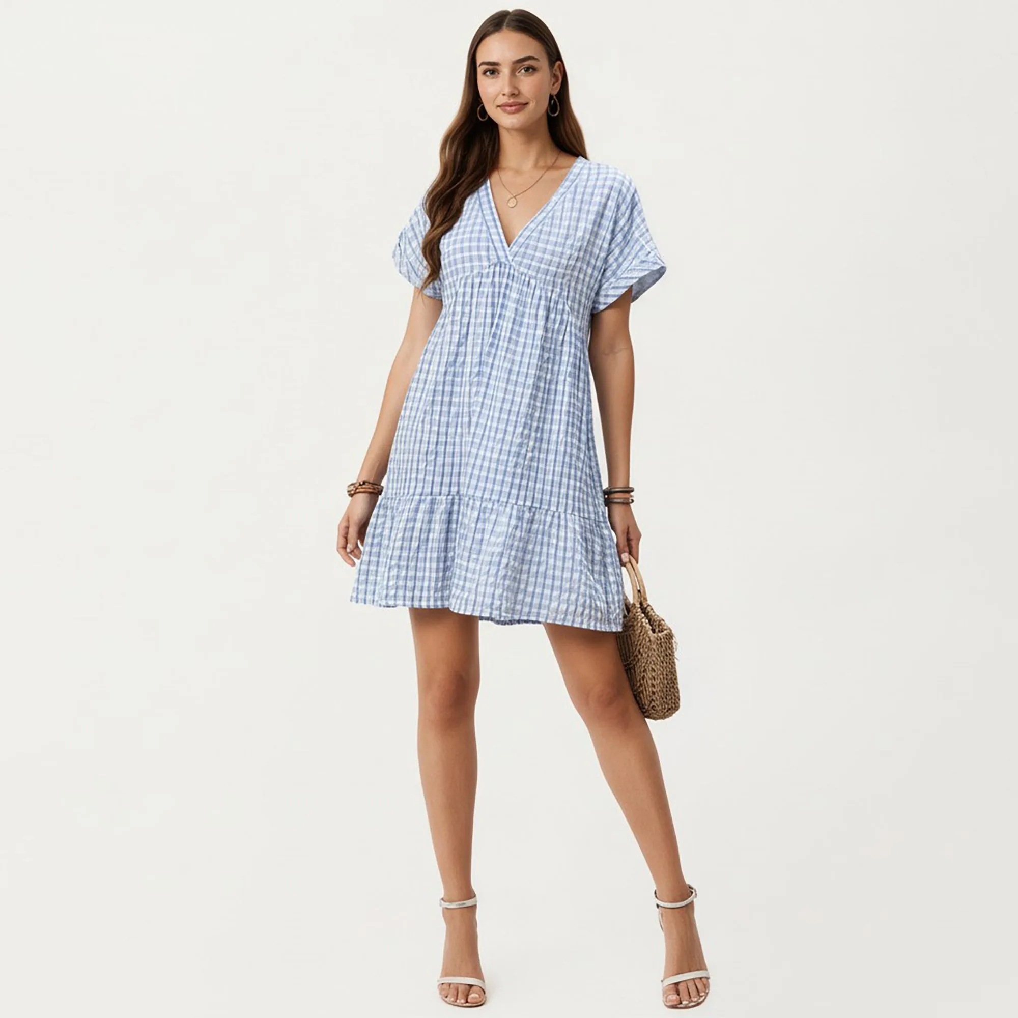 Anna-Kaci Short Sleeve V Neck Tiered Mini Dress with Gingham Pattern sold by Anna-Kaci product image thumbnail 3