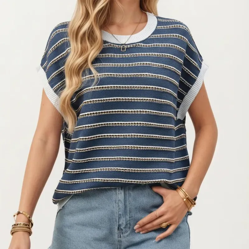 Anna-Kaci Short Sleeve Striped Knit Top with Contrast Rib Trim made by Anna-Kaci