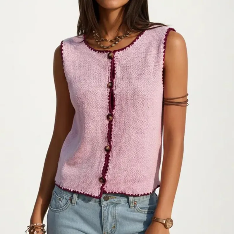 Anna-Kaci Sleeveless Knit Button Front Top with Contrast Trim Detail made by Anna-Kaci