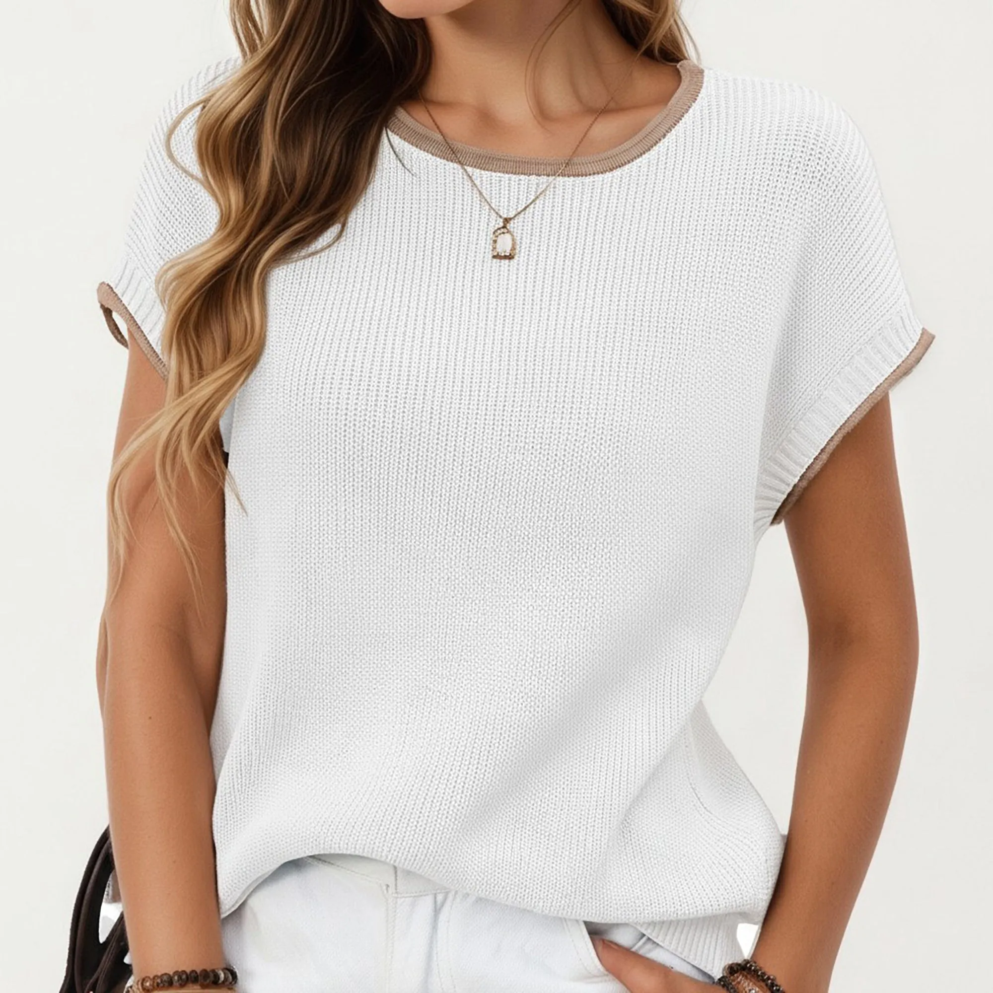 Anna-Kaci Short Sleeve Knit Top with Contrast Trim Crew Neck and Relaxed Fit sold by Anna-Kaci product image thumbnail 5