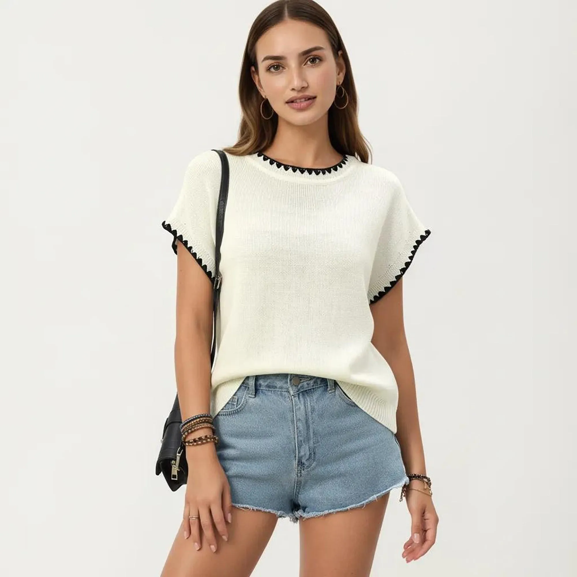 Anna-Kaci Short Sleeve Knit Top with Contrast Trim Crew Neck and Relaxed Fit sold by Anna-Kaci product image thumbnail 2