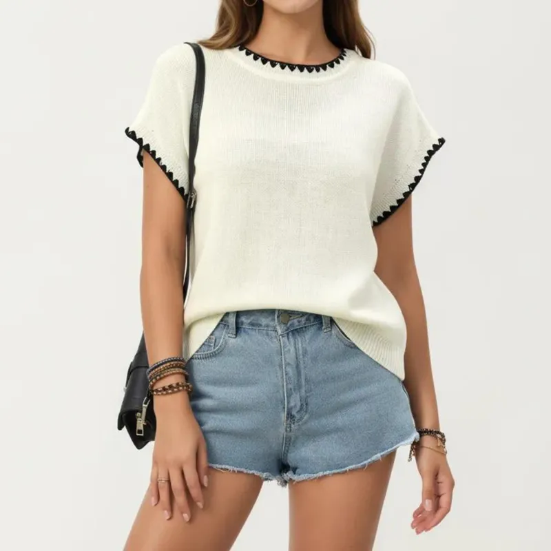 Anna-Kaci Short Sleeve Knit Top with Contrast Trim Crew Neck and Relaxed Fit sold by Anna-Kaci
