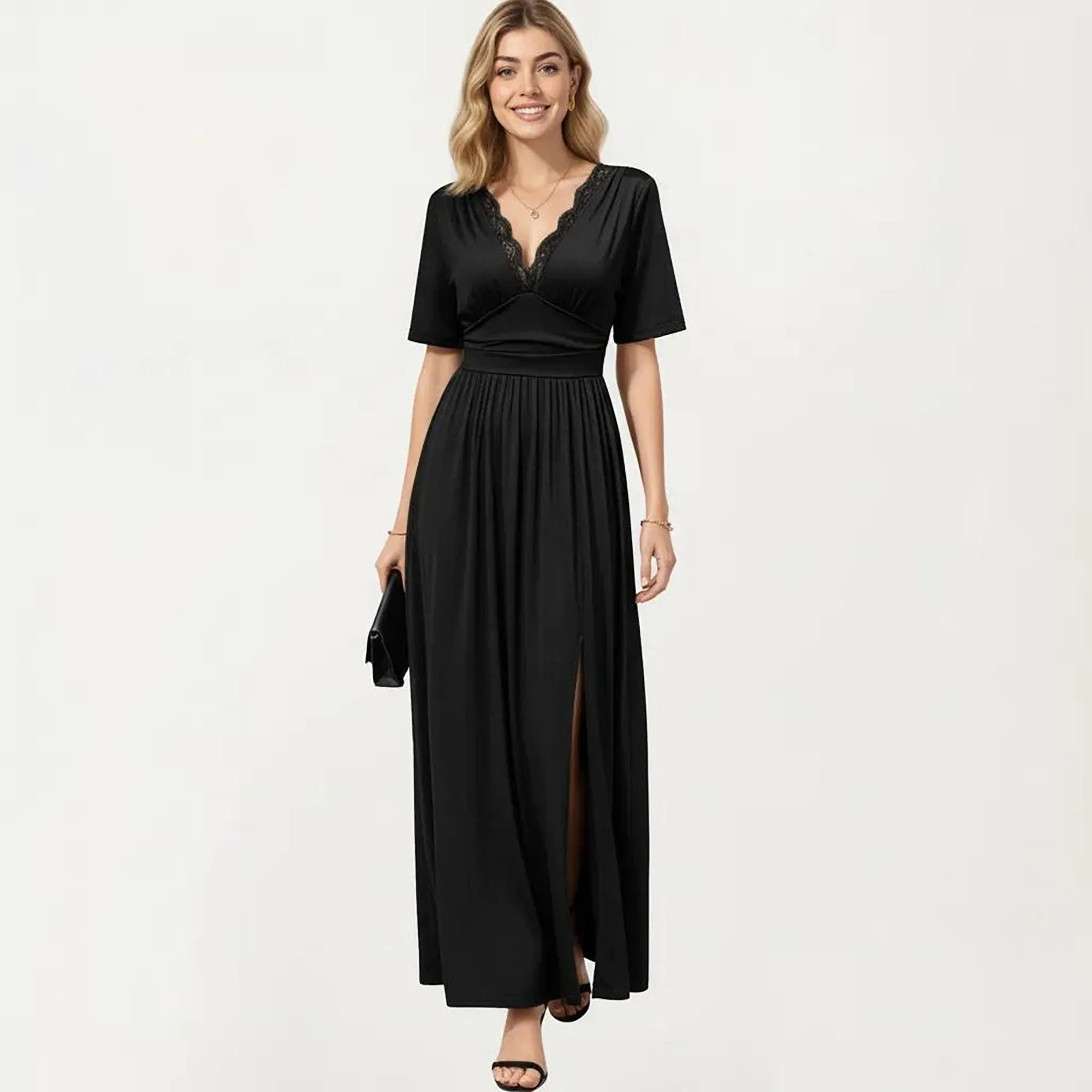 Anna-Kaci Short Sleeve Lace Trim Maxi Dress with V Neckline and Side Slit sold by Anna-Kaci product image thumbnail 2